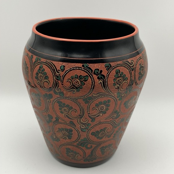Vintage Burmese Lacquerware Vase‎ with Hand-Carved Design - Picture 1 of 12
